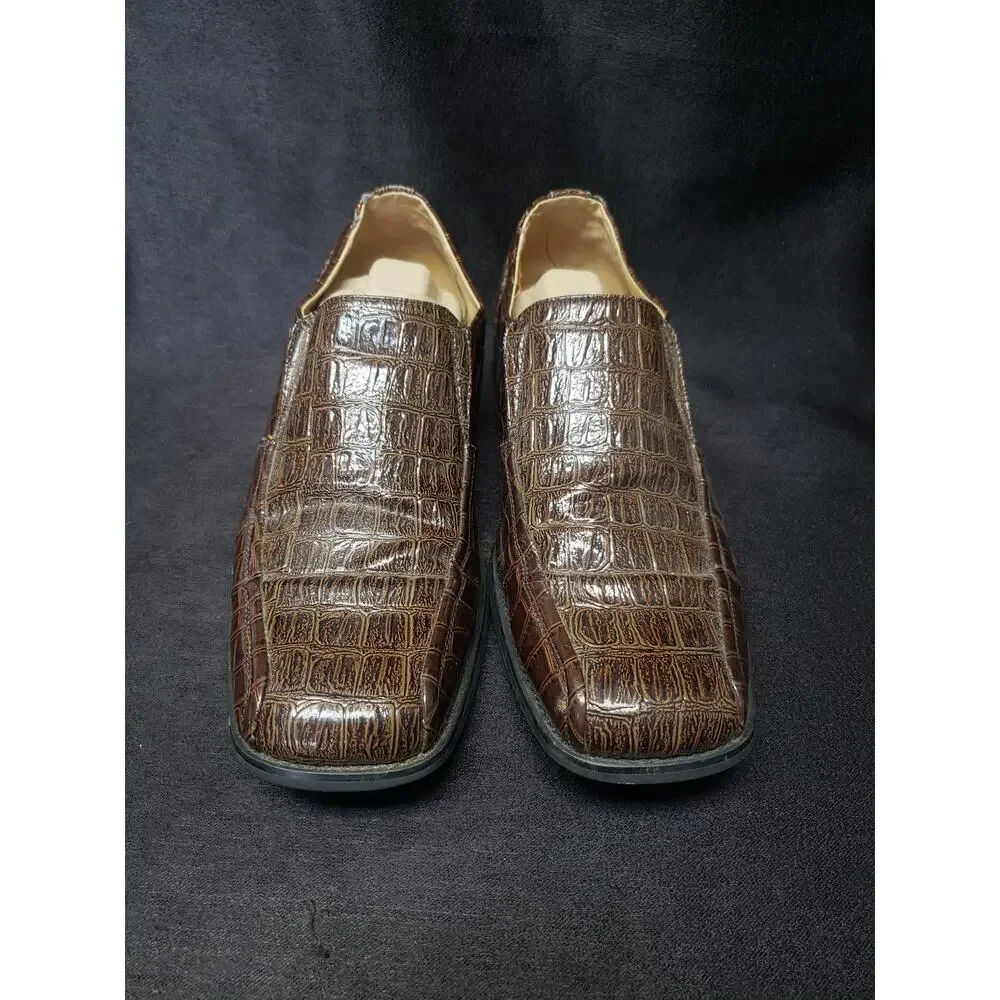 Italic Men's Brown Leather Slip On Side Stretch Square Toe Loafers Dress Shoes